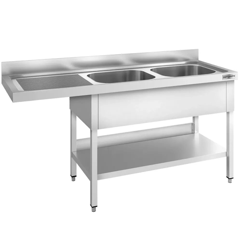 Маса за миялна машина PREMIUM - 2000x700mm - с 2 корита вдясно - със заден борд 100mm - корита 600x500x300mm - с долен рафт
