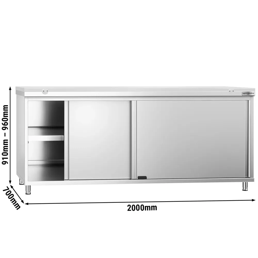 Професионален Работен шкаф от неръждаема стомана PREMIUM - 2000x700mm - с плъзгащи се врати - вкл. Дъска за рязане за меса...
