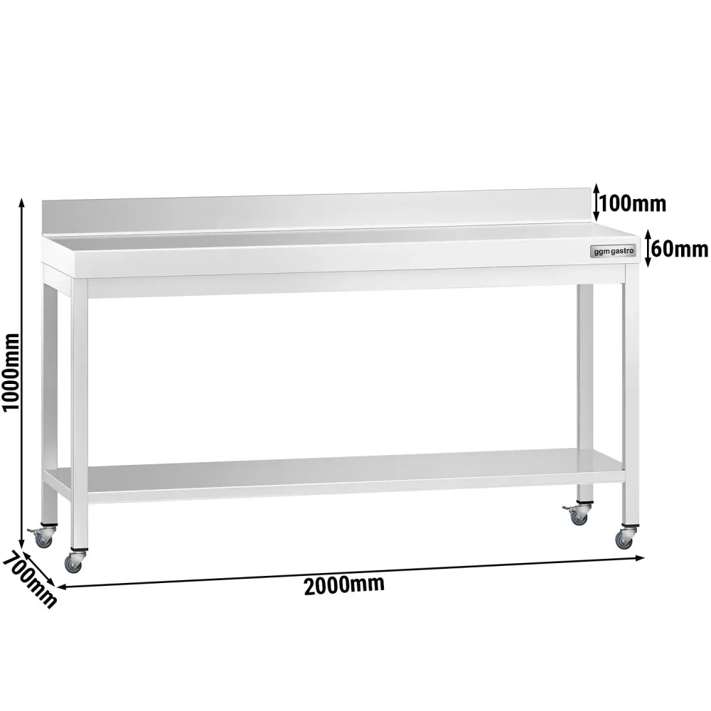 Работна маса PREMIUM от неръждаема стомана - 2000x700mm - с основа, стойка и колелца