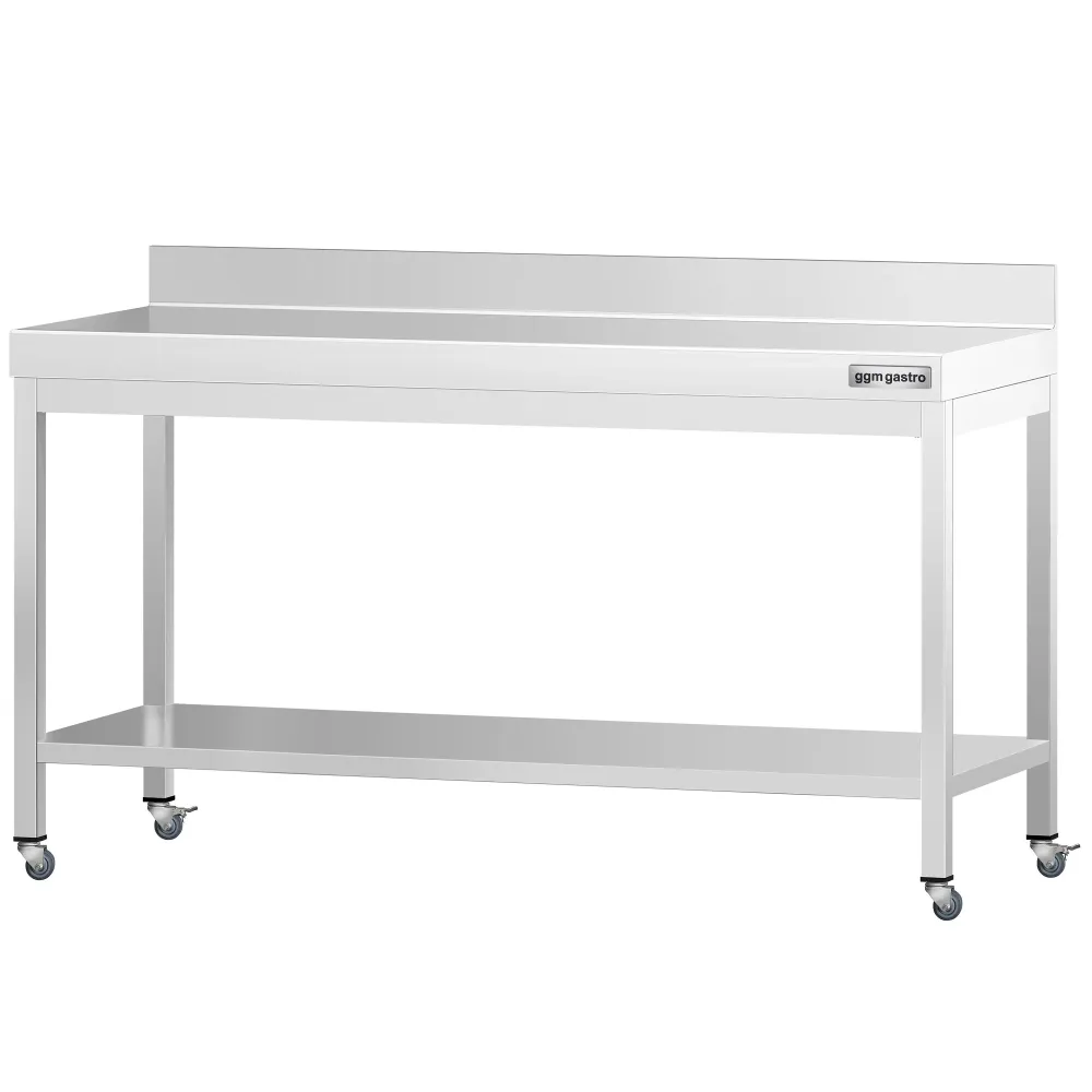 Работна маса PREMIUM от неръждаема стомана - 2000x700mm - с основа, стойка и колелца