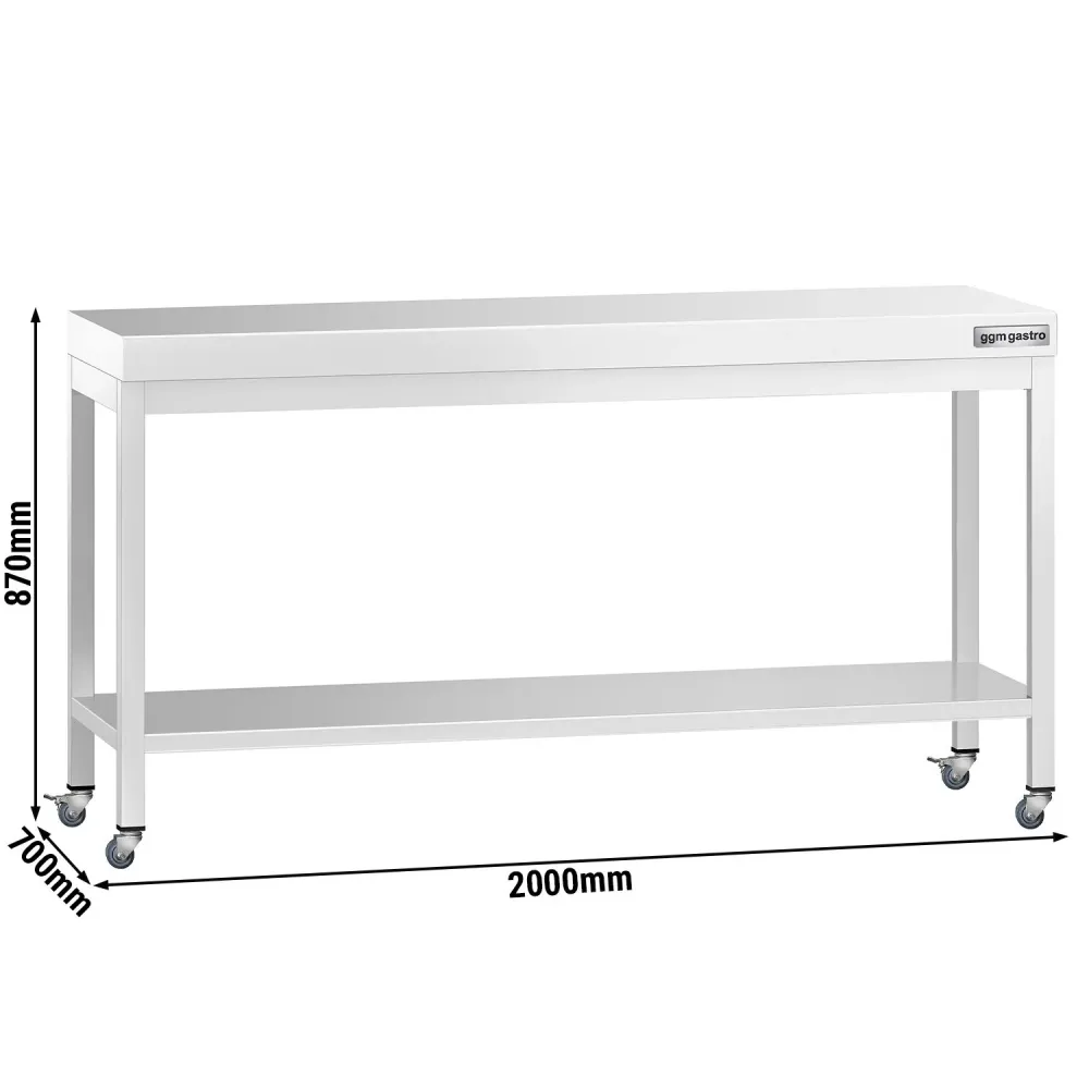 Работна маса PREMIUM от неръждаема стомана - 2000x700mm - с основа и колелца