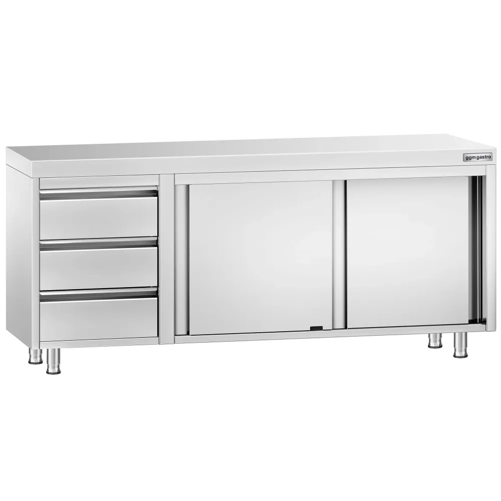 Професионален Работен шкаф от неръждаема стомана PREMIUM - 2000x700mm - с плъзгащи се врати, 3 чекмеджета вляво