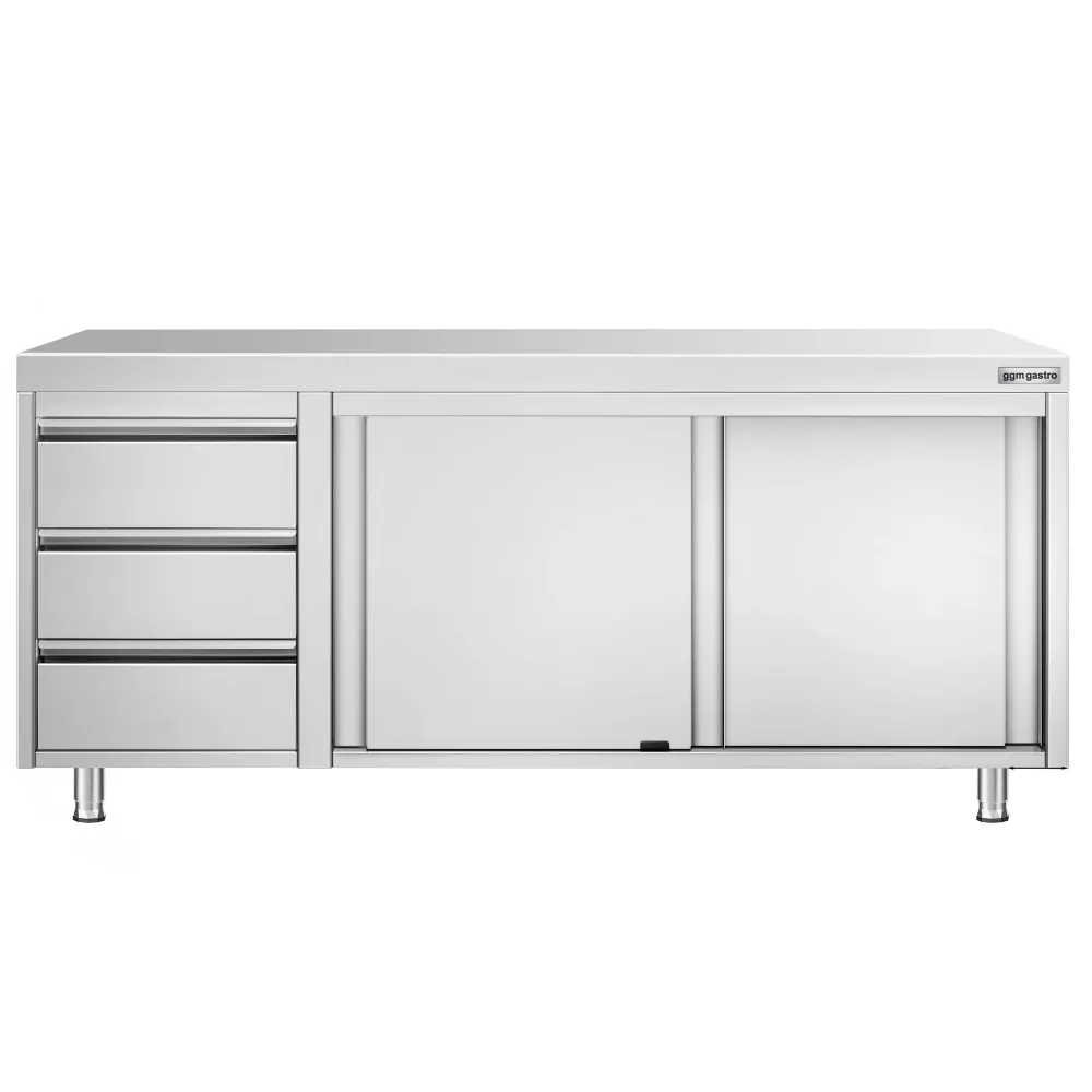 Професионален Работен шкаф от неръждаема стомана PREMIUM - 2000x700mm - с плъзгащи се врати, 3 чекмеджета вляво