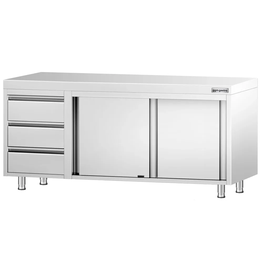 Професионален Работен шкаф от неръждаема стомана PREMIUM - 2000x700mm - с плъзгащи се врати, 3 чекмеджета вляво