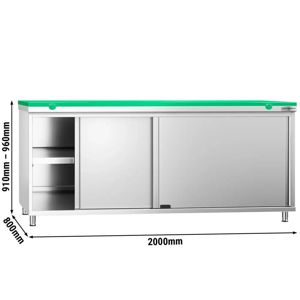 Професионален Работен шкаф от неръждаема стомана PREMIUM - 2000x800mm - с плъзгащи се врати - вкл. Дъска за рязане за меса...