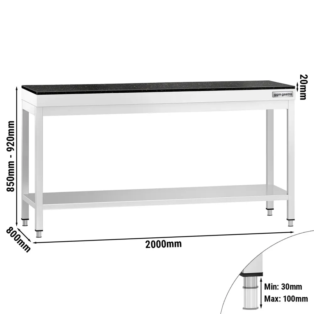 Маса от неръждаема стомана PREMIUM - 2000x800mm - с основен рафт - с включен плот от гранит