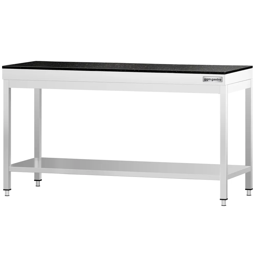 Маса от неръждаема стомана PREMIUM - 2000x800mm - с основен рафт - с включен плот от гранит