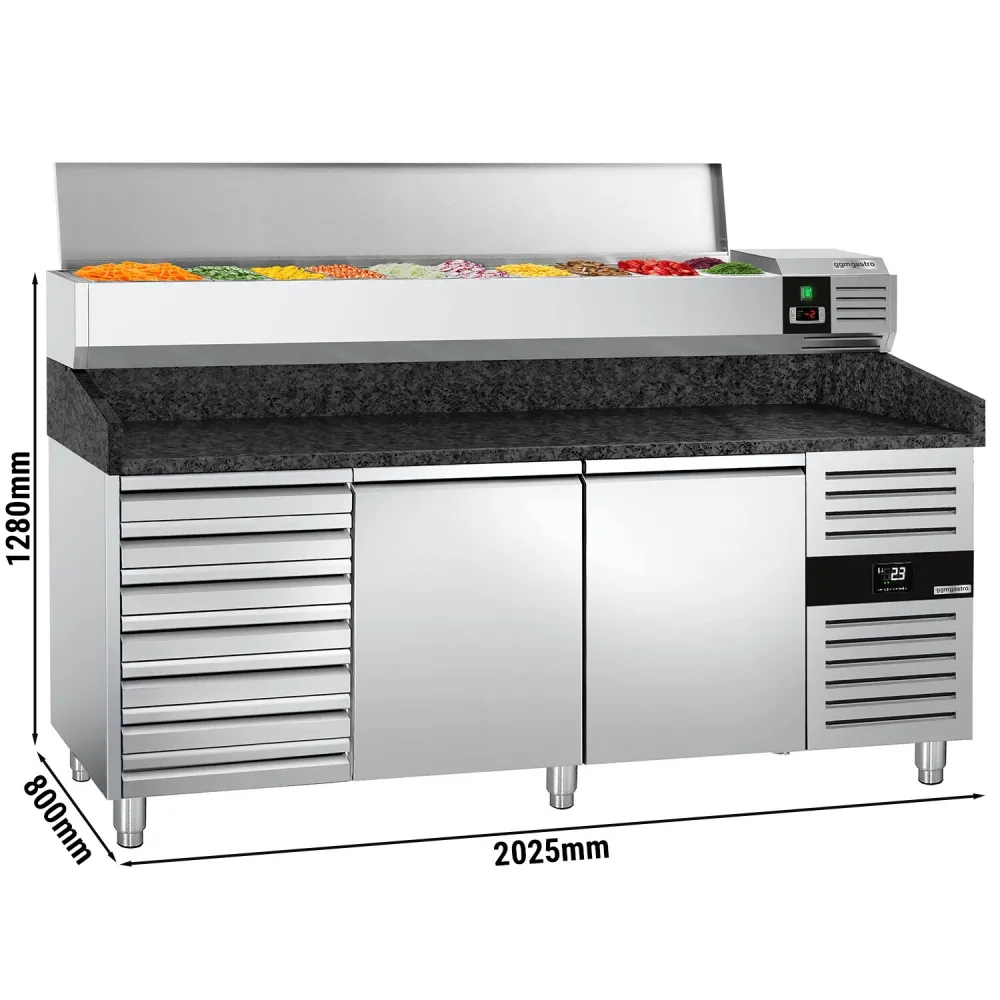Хладилна маса за пица PREMIUM - 2000x800mm - с гранитен плот - с 2 врати и 7 чекмеджета - с охлаждаща надстройка - 9x GN 1/3