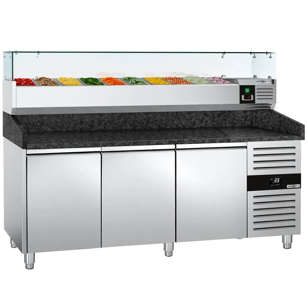 Хладилна маса за пица PREMIUM - 2000x800mm - с гранитен плот - с 3 врати - с охлаждаща надстройка - 9x GN 1/3