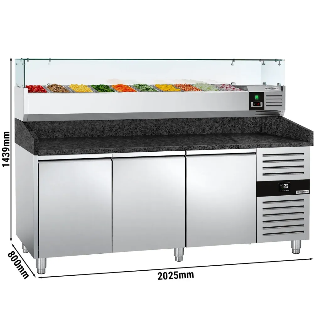 Хладилна маса за пица PREMIUM - 2000x800mm - с гранитен плот - с 3 врати - с охлаждаща надстройка - 9x GN 1/3