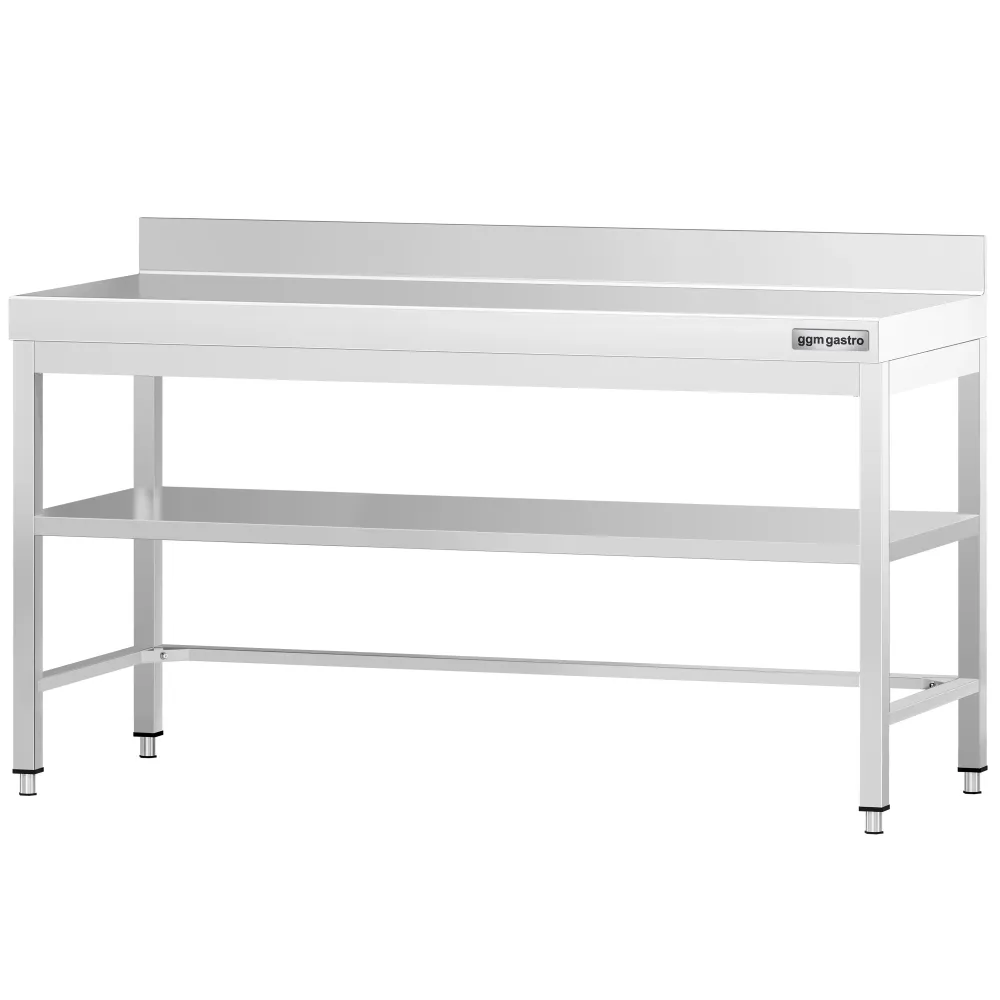 Маса от неръждаема стомана PREMIUM - 2000x800mm - с основен рафт и борд отзад и укрепваща връзка