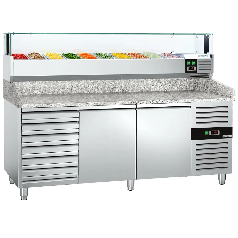 Хладилна маса за пица PREMIUM - 2000x800mm - с 2 врати и 7 чекмеджета - с охлаждаща надстройка с LED осветление - 10x GN 1/4