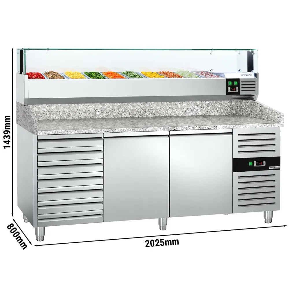 Хладилна маса за пица PREMIUM - 2000x800mm - с 2 врати и 7 чекмеджета - с охлаждаща надстройка с LED осветление - 10x GN 1/4