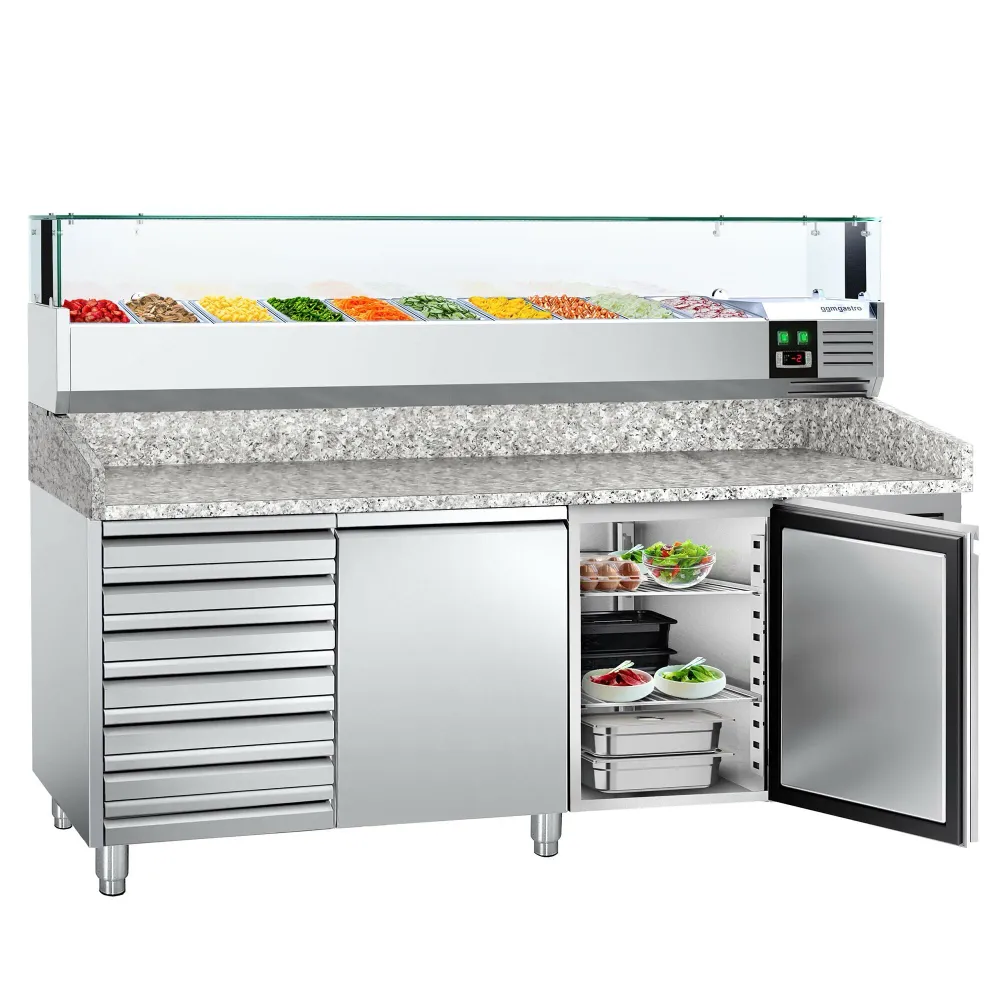Хладилна маса за пица PREMIUM - 2000x800mm - с 2 врати и 7 чекмеджета - с охлаждаща надстройка с LED осветление - 10x GN 1/4