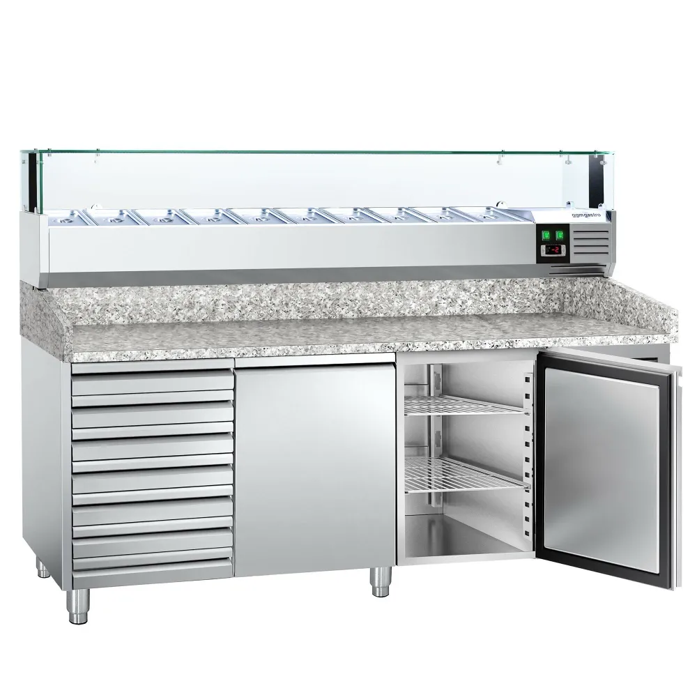 Хладилна маса за пица PREMIUM - 2000x800mm - с 2 врати и 7 чекмеджета - с охлаждаща надстройка с LED осветление - 10x GN 1/4