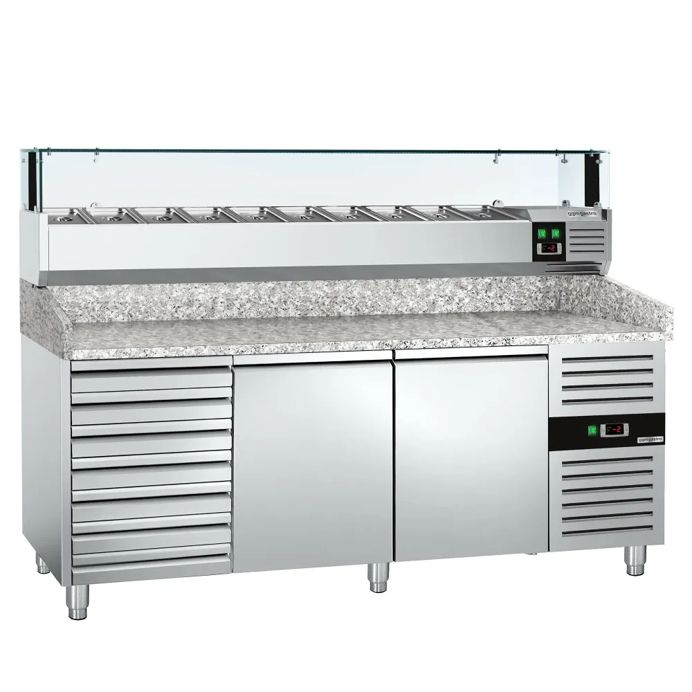 Хладилна маса за пица PREMIUM - 2000x800mm - с 2 врати и 7 чекмеджета - с охлаждаща надстройка с LED осветление - 10x GN 1/4