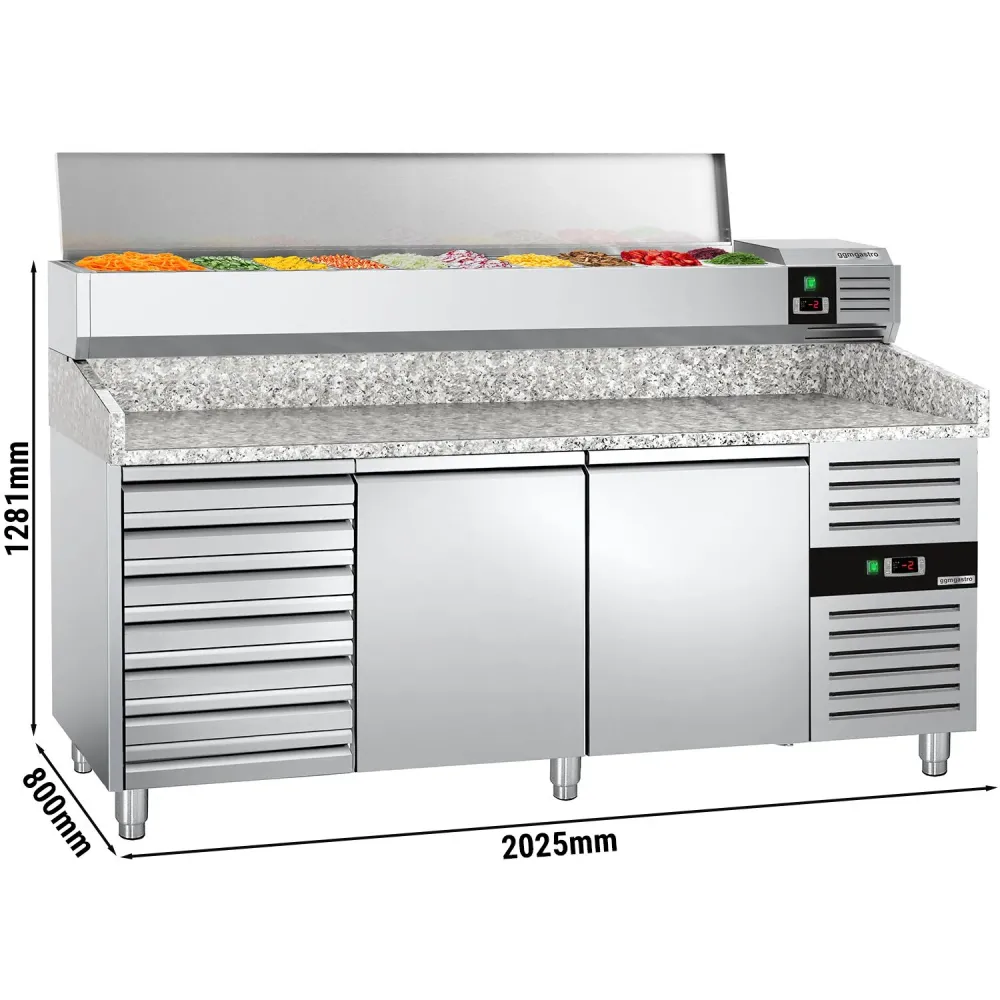 Хладилна маса за пица PREMIUM - 2000x800mm - с 2 врати и 7 чекмеджета - с охлаждаща надстройка с LED осветление - 9x GN 1/3