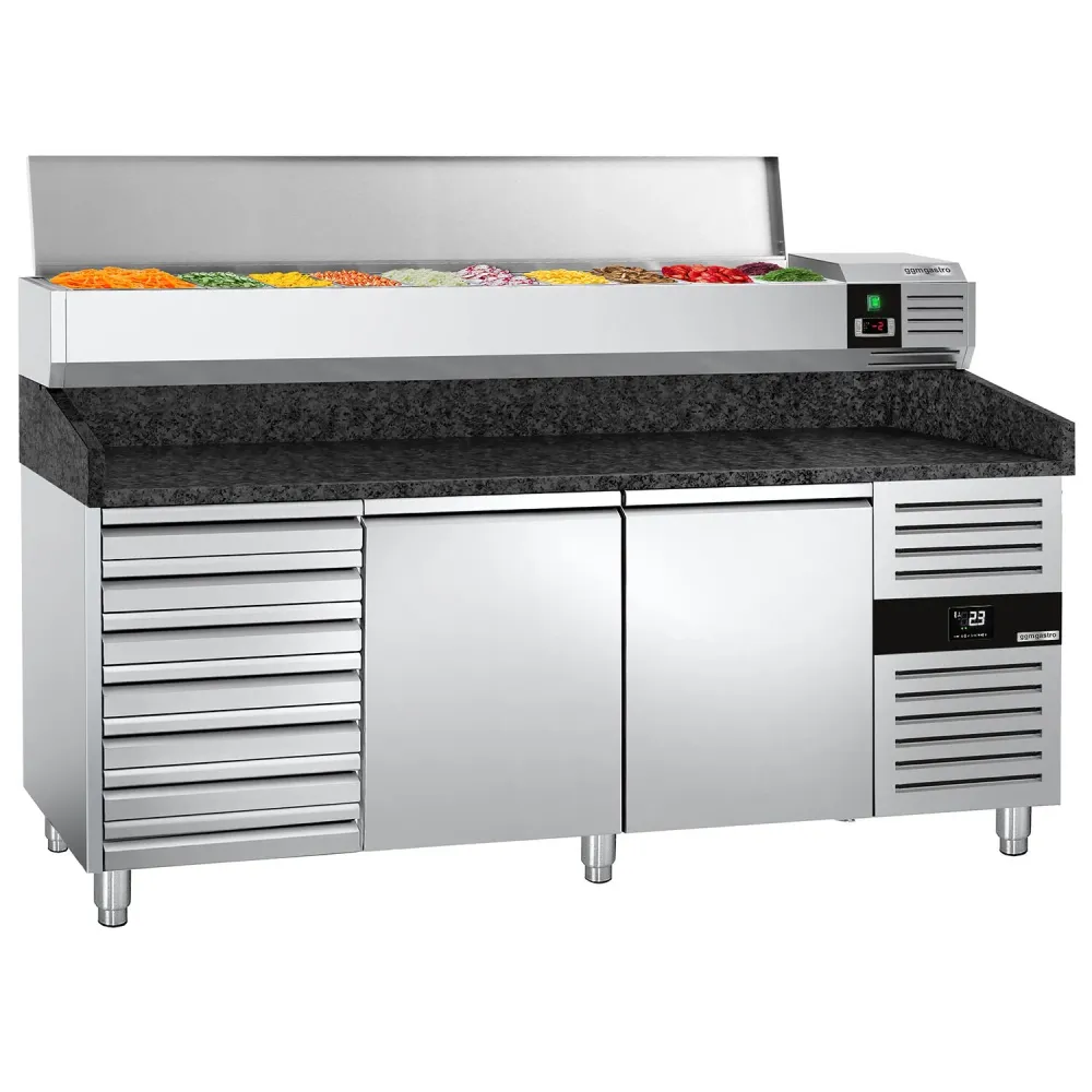 Хладилна маса за пица PREMIUM - 2025x800mm - с 2 врати и 7 чекмеджета - с гранитен плот - с охлаждаща надстройка - 10x GN 1/4
