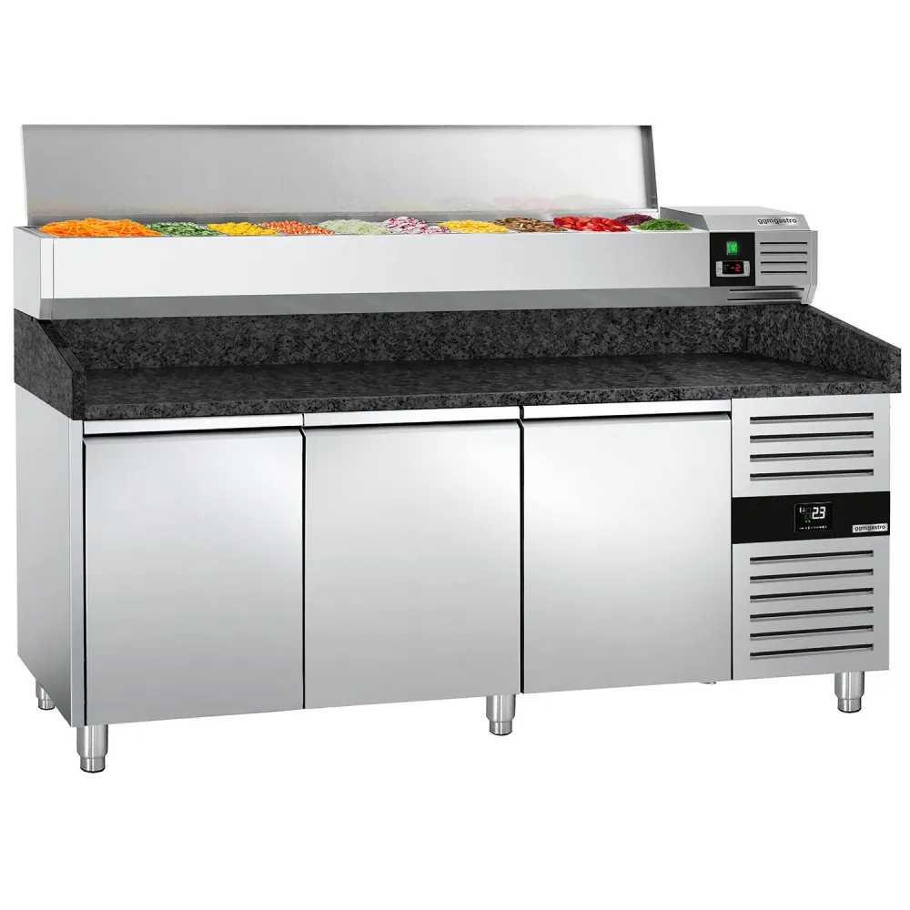 Хладилна маса за пица PREMIUM - 2025x800mm - с 3 врати - с гранитен плот - с охлаждаща надстройка - 9x GN 1/3