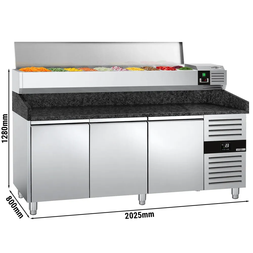 Хладилна маса за пица PREMIUM - 2025x800mm - с 3 врати - с гранитен плот - с охлаждаща надстройка - 9x GN 1/3