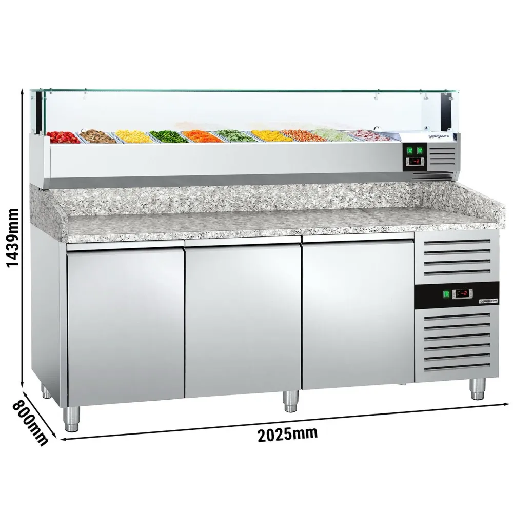 Хладилна маса за пица PREMIUM - 2025x800mm - с 3 врати - с охлаждаща надстройка с LED осветление - 10x GN 1/4