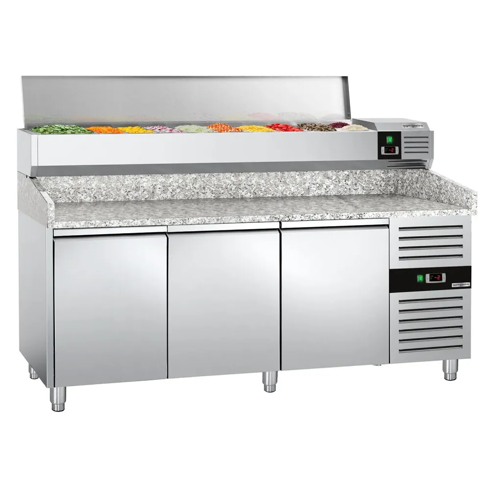 Хладилна маса за пица PREMIUM - 2025x800mm - с гранитен плот - с 3 врати - с охлаждаща надстройка с LED осветление - 10x G...
