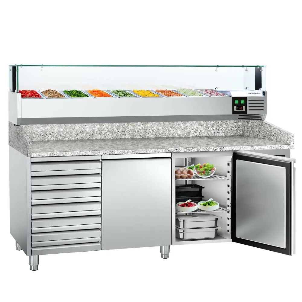 Хладилна маса за пица PREMIUM - 2025x800mm - с гранитен плот - с 2 врати и 7 чекмеджета - с охлаждаща надстройка с LED осв...