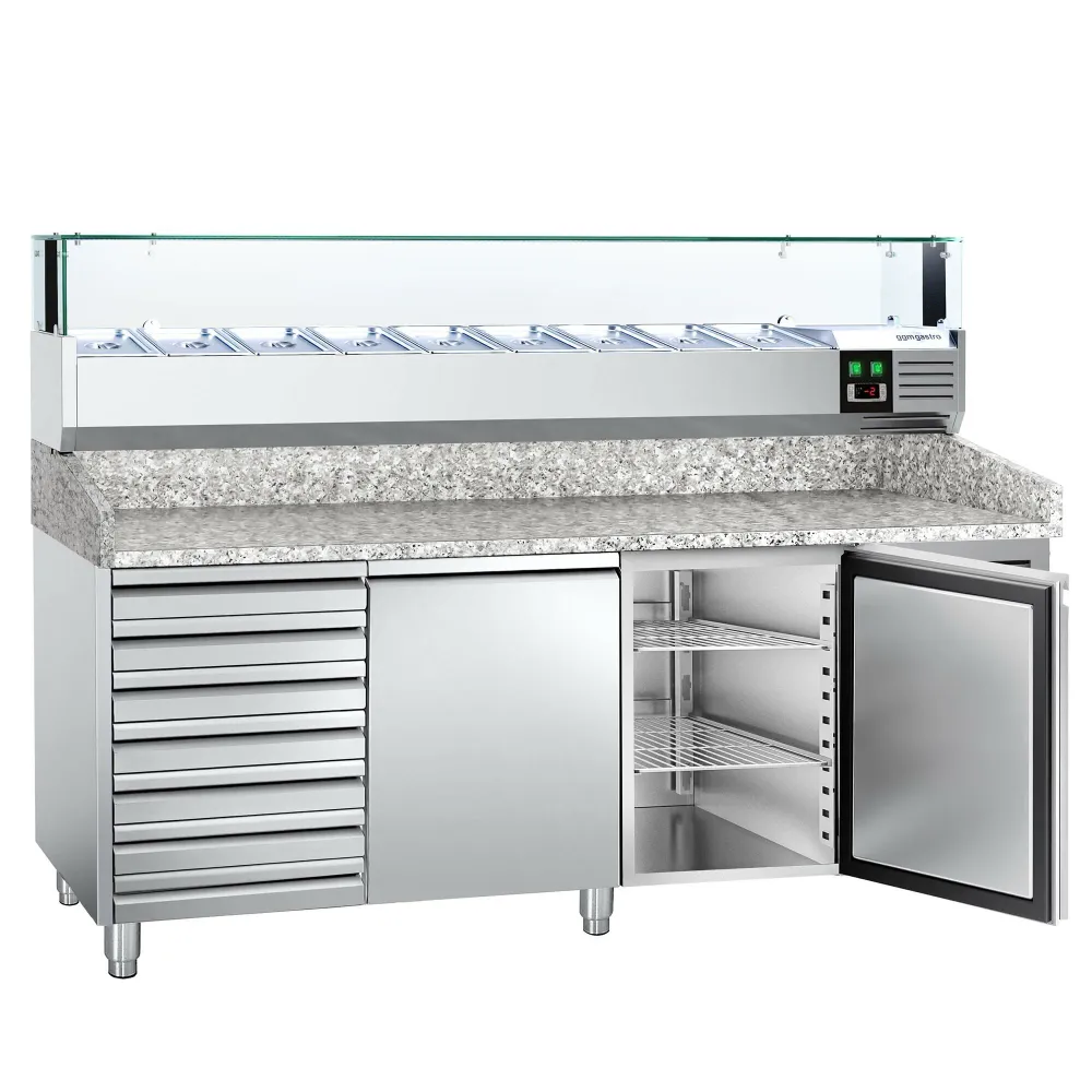 Хладилна маса за пица PREMIUM - 2025x800mm - с гранитен плот - с 2 врати и 7 чекмеджета - с охлаждаща надстройка с LED осв...