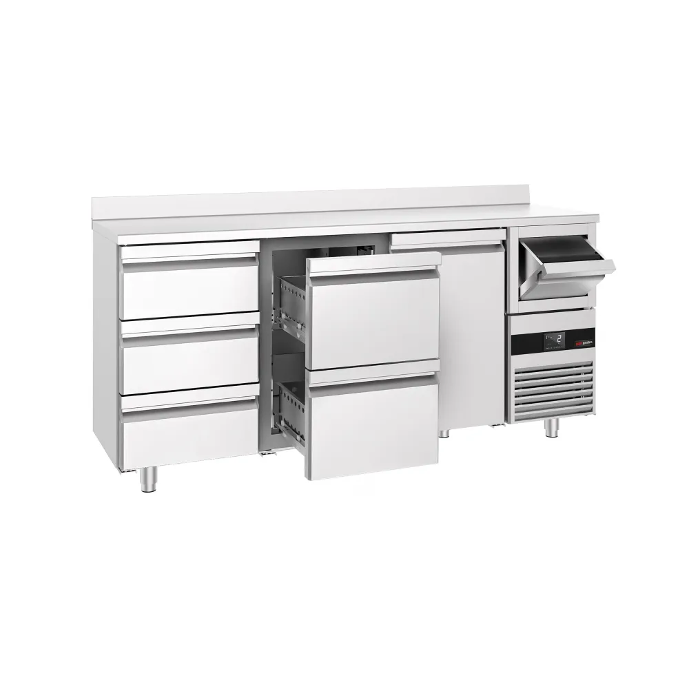 Барова хладилна маса PREMIUM - 2135x600mm - 570 л - с 1 врата и 5 чекмеджета, със заден борд, кутия за отпадъчно кафе (kno...