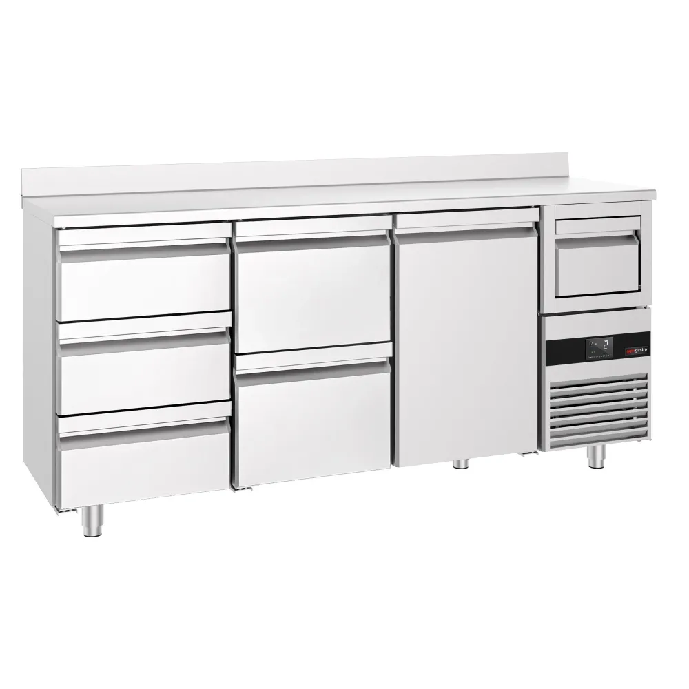 Барова хладилна маса PREMIUM - 2135x600mm - 570 л - с 1 врата и 5 чекмеджета, със заден борд, кутия за отпадъчно кафе (kno...