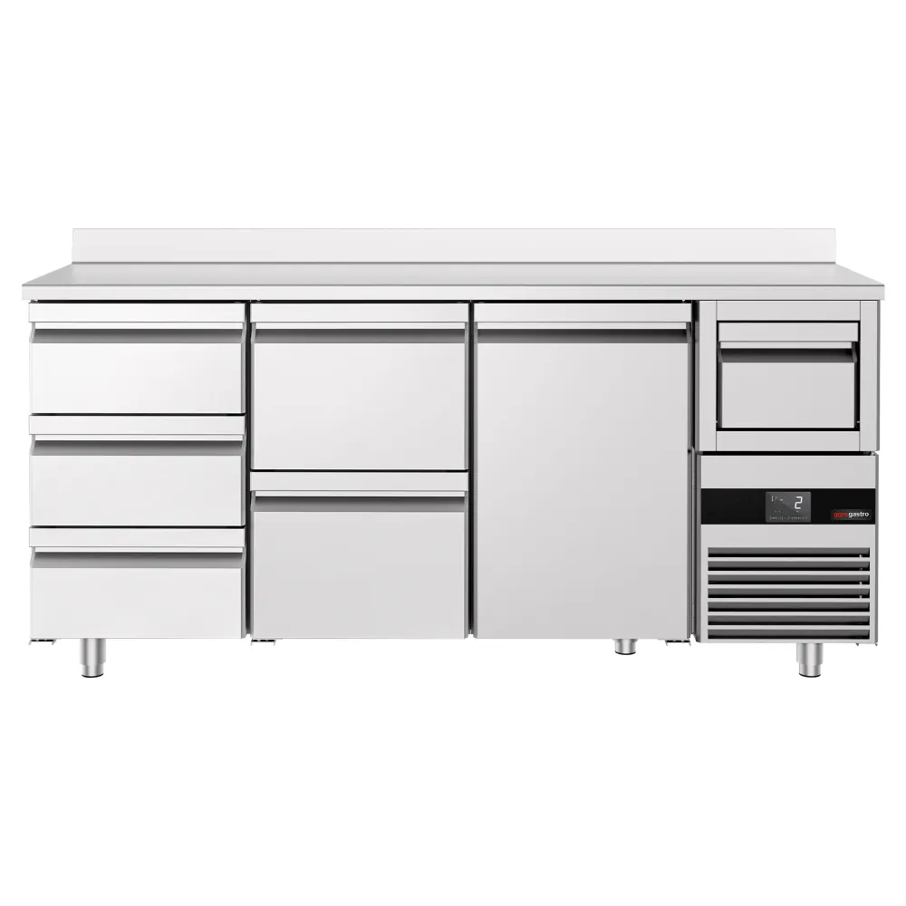 Барова хладилна маса PREMIUM - 2135x600mm - 570 л - с 1 врата и 5 чекмеджета, със заден борд, кутия за отпадъчно кафе (kno...