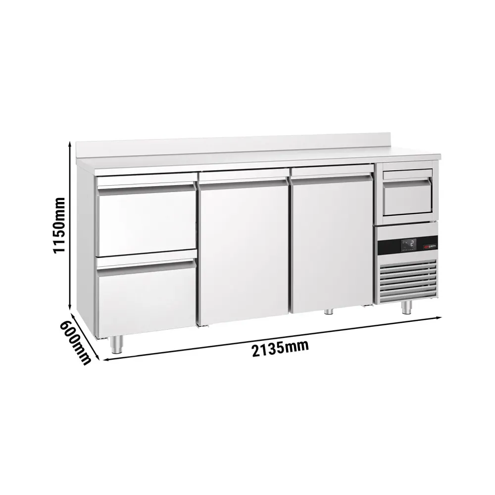 Барова хладилна маса PREMIUM - 2135x600mm - 570 л - с 2 врати и 2 чекмеджета, със заден борд, кутия за отпадъчно кафе (kno...