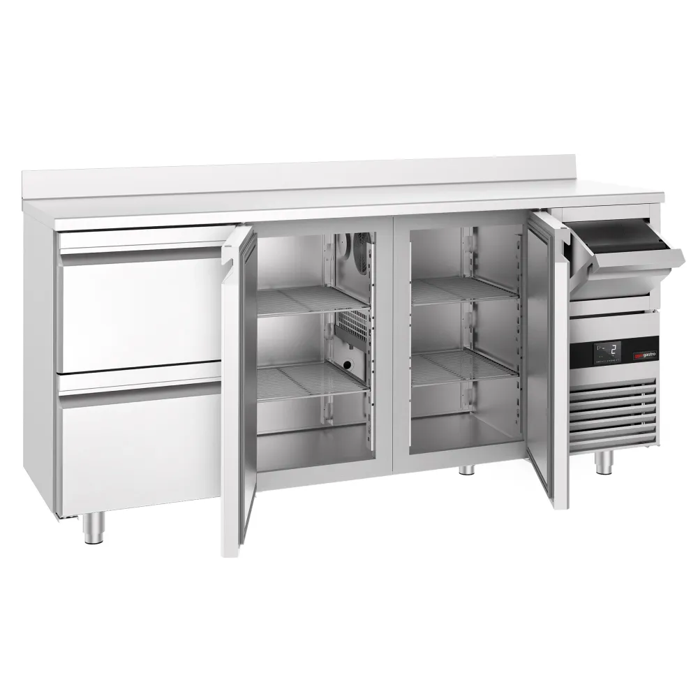 Барова хладилна маса PREMIUM - 2135x600mm - 570 л - с 2 врати и 2 чекмеджета, със заден борд, кутия за отпадъчно кафе (kno...