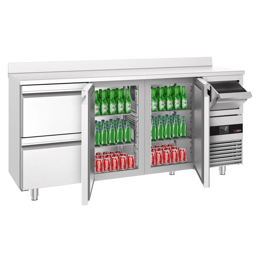 Барова хладилна маса PREMIUM - 2135x600mm - 570 л - с 2 врати и 2 чекмеджета, със заден борд, кутия за отпадъчно кафе (kno...