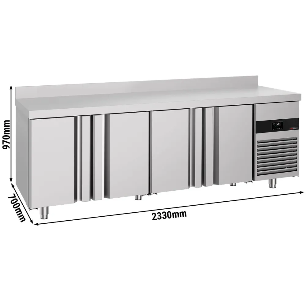 Професионална хладилна маса PREMIUM - 2330x700mm - с 4 врати - GN 1/1 - вентилирано охлаждане - с гръб 100мм