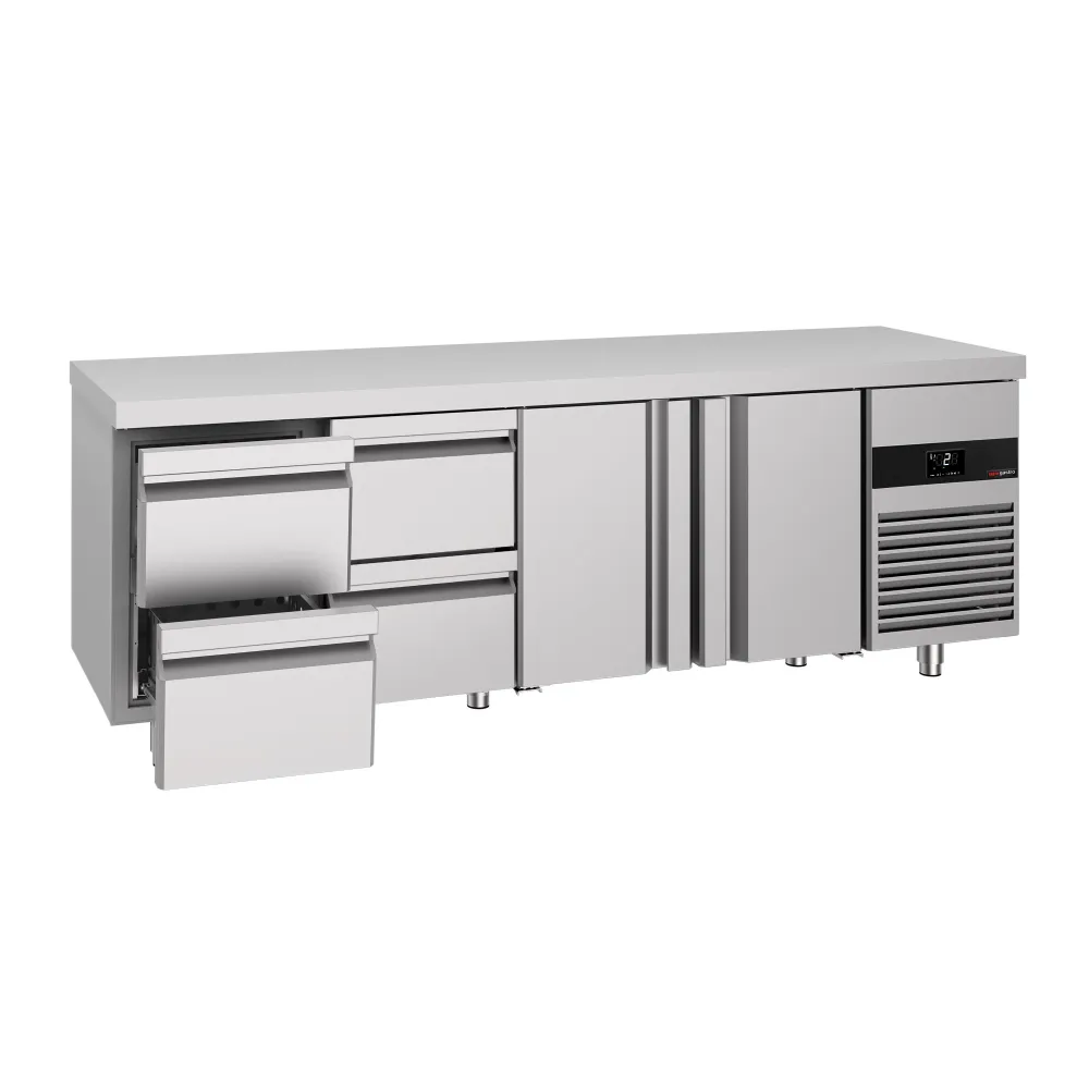 Професионална хладилна маса PREMIUM - 2330x700mm - с 2 врати - 4 чекмеджета - GN 1/1 - вентилирано охлаждане