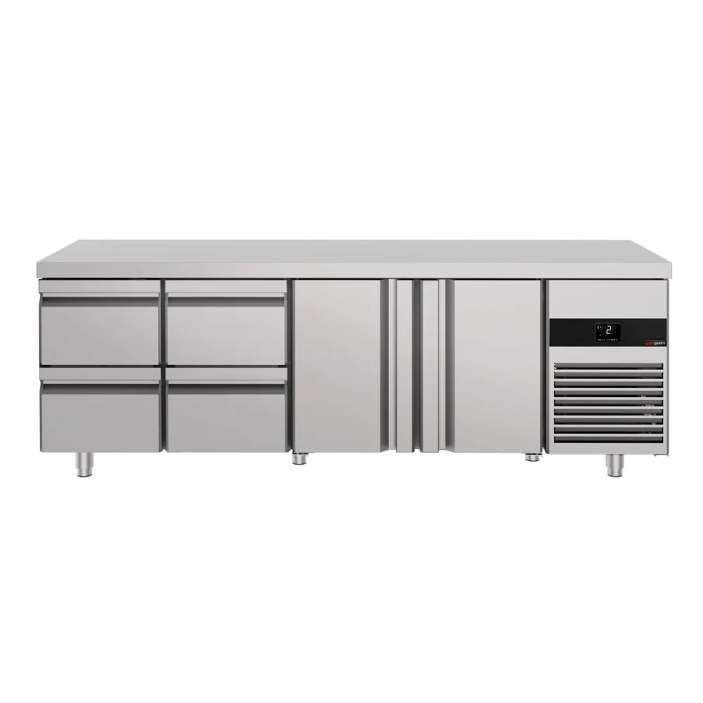 Професионална хладилна маса PREMIUM - 2330x700mm - с 2 врати - 4 чекмеджета - GN 1/1 - вентилирано охлаждане