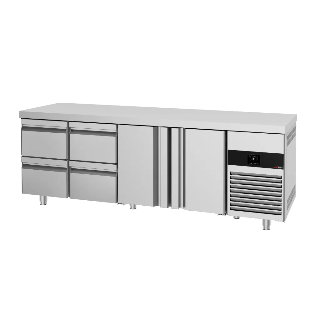 Професионална хладилна маса PREMIUM - 2330x700mm - с 2 врати - 4 чекмеджета - GN 1/1 - вентилирано охлаждане