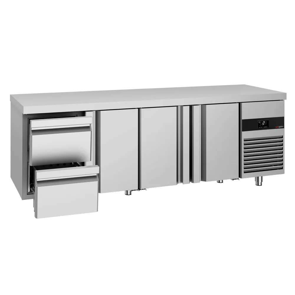 Професионална хладилна маса PREMIUM - 2330x700mm - с 3 врати - 2 чекмеджета - GN 1/1 - вентилирано охлаждане