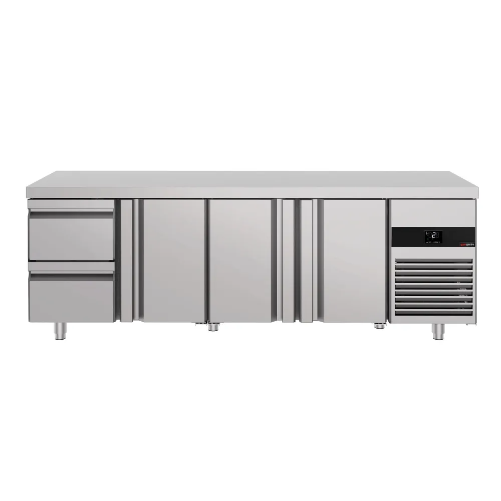 Професионална хладилна маса PREMIUM - 2330x700mm - с 3 врати - 2 чекмеджета - GN 1/1 - вентилирано охлаждане