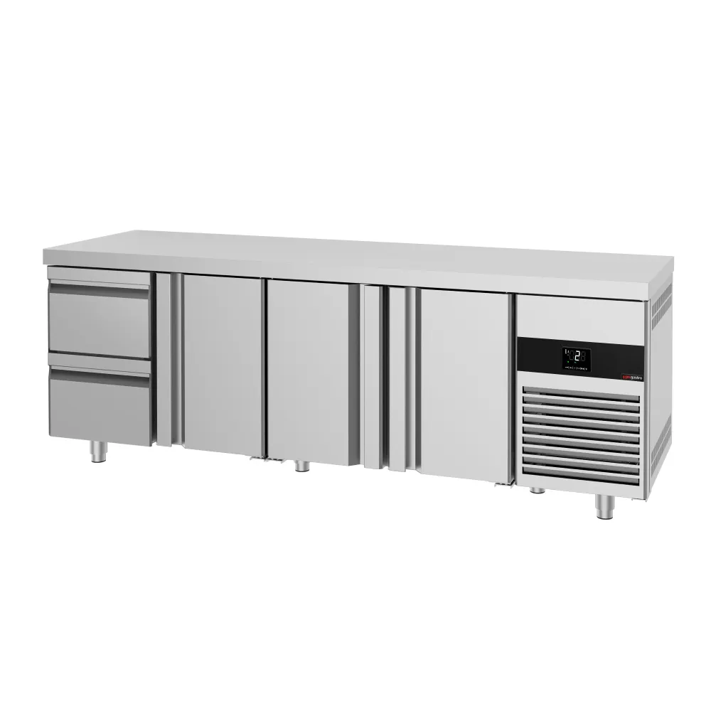 Професионална хладилна маса PREMIUM - 2330x700mm - с 3 врати - 2 чекмеджета - GN 1/1 - вентилирано охлаждане