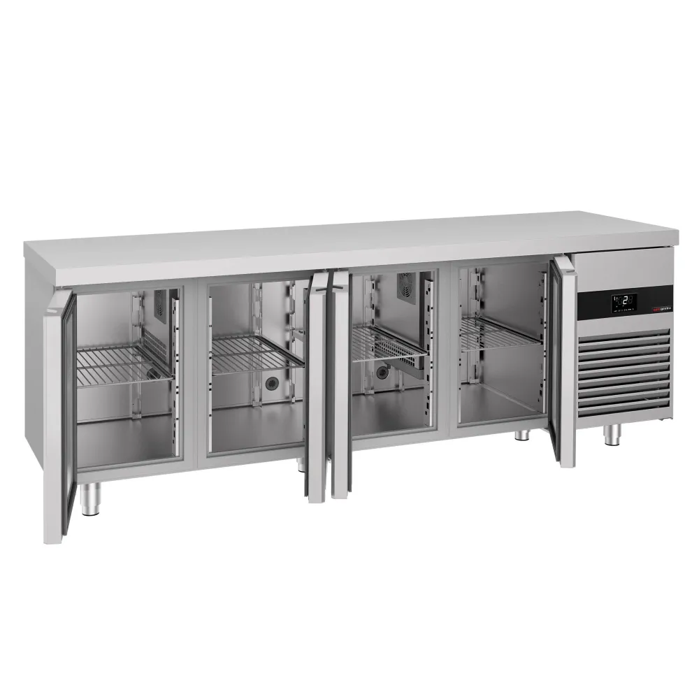 Професионална хладилна маса PREMIUM - 2330x700mm - с 4 врати - GN 1/1 - вентилирано охлаждане - вграден агрегат