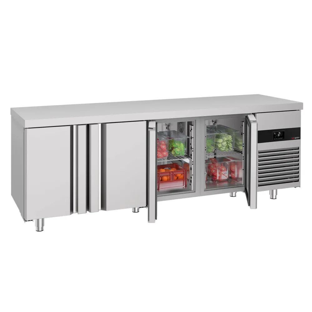 Професионална хладилна маса PREMIUM - 2330x700mm - с 4 врати - GN 1/1 - вентилирано охлаждане - вграден агрегат