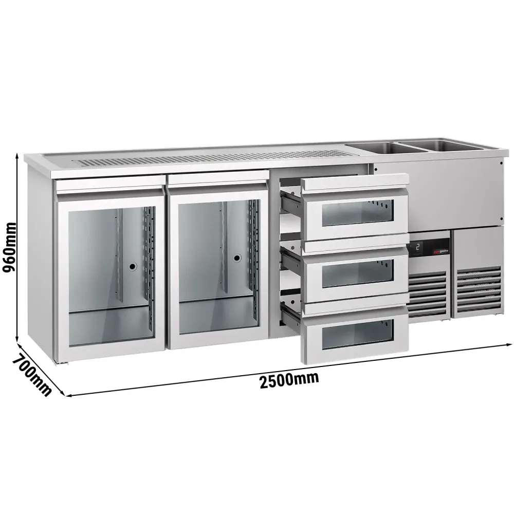 Бар хладилник за напитки PREMIUM - 2500x700mm - 2 стъклени врати & 3 чекмеджета