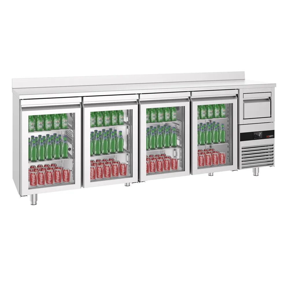 Барова хладилна маса PREMIUM - 2690x600mm - 710 л - с 4 стъклени врати, със заден борд, кутия за отпадъчно кафе (knock box)