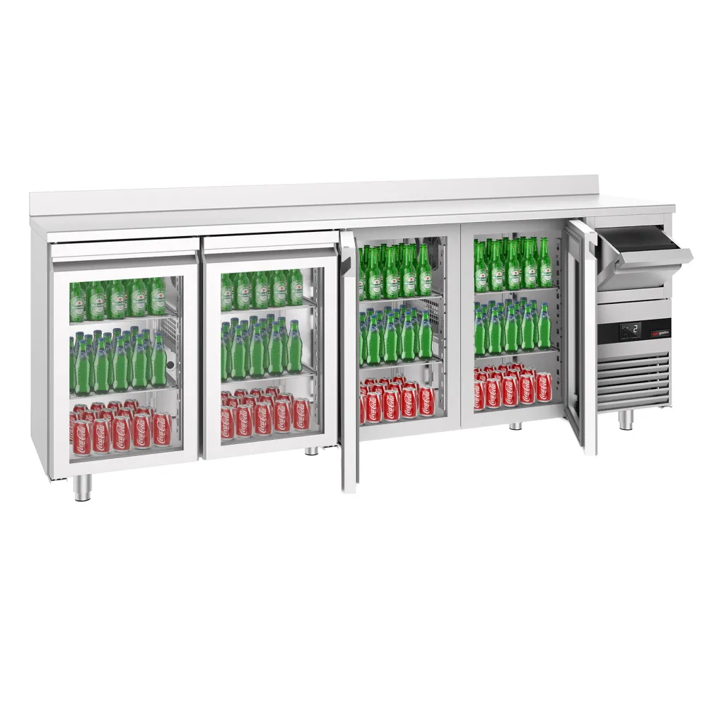 Барова хладилна маса PREMIUM - 2690x600mm - 710 л - с 4 стъклени врати, със заден борд, кутия за отпадъчно кафе (knock box)