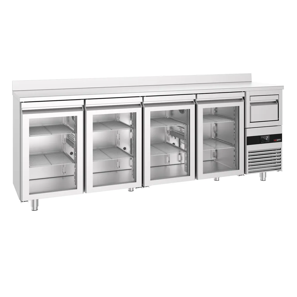 Барова хладилна маса PREMIUM - 2690x600mm - 710 л - с 4 стъклени врати, със заден борд, кутия за отпадъчно кафе (knock box)