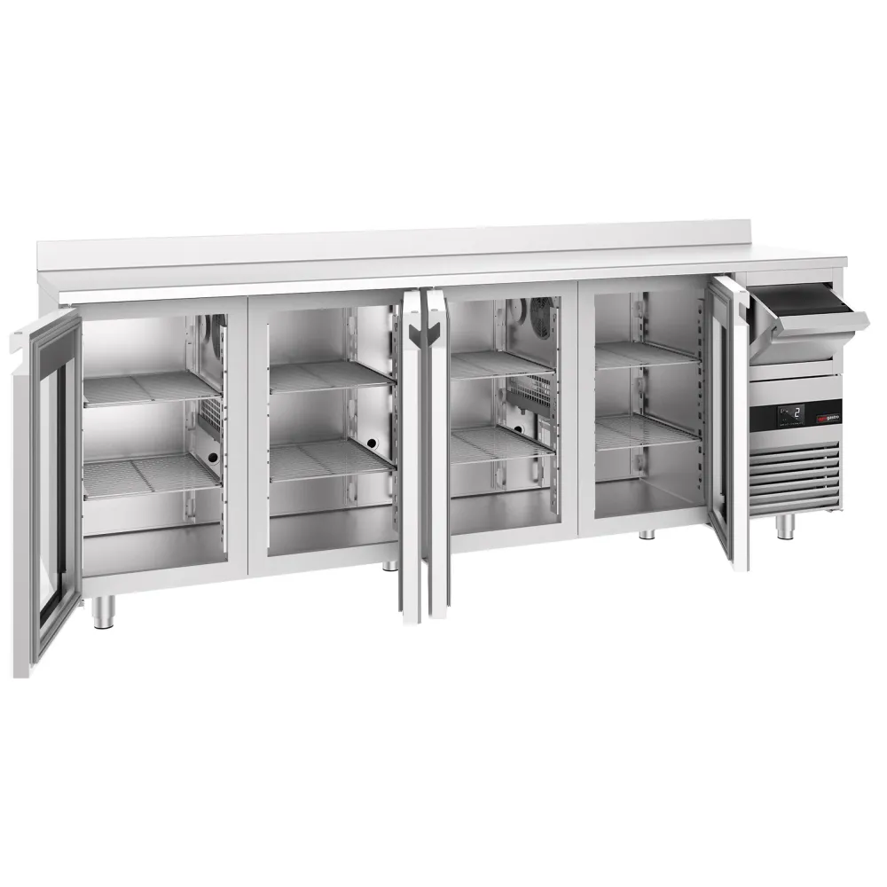 Барова хладилна маса PREMIUM - 2690x600mm - 710 л - с 4 стъклени врати, със заден борд, кутия за отпадъчно кафе (knock box)