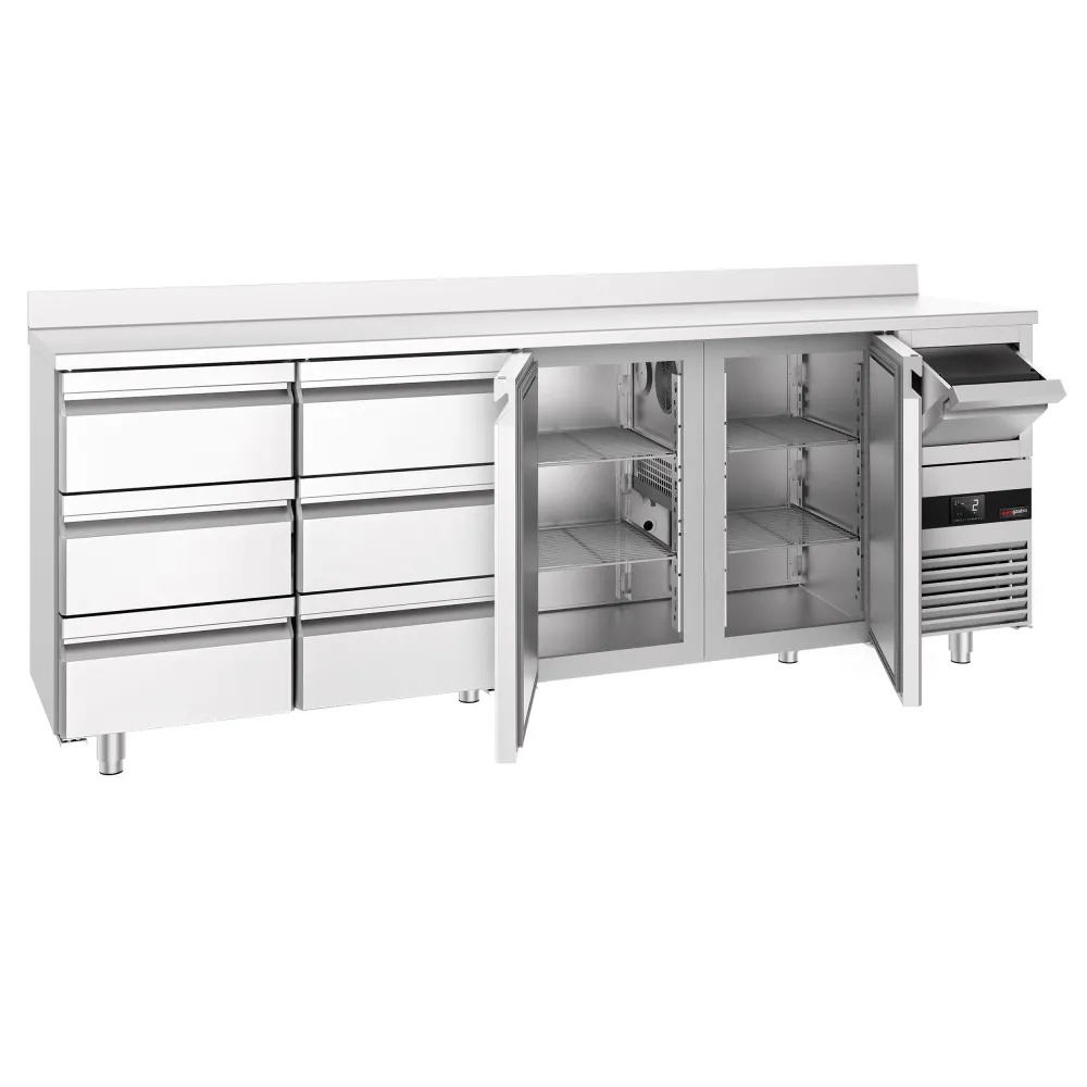 Барова хладилна маса PREMIUM - 2690x600mm - 775 л - с 2 врати и 6 чекмеджета, със заден борд, кутия за отпадъчно кафе (kno...