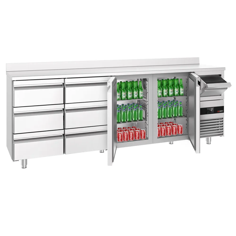 Барова хладилна маса PREMIUM - 2690x600mm - 775 л - с 2 врати и 6 чекмеджета, със заден борд, кутия за отпадъчно кафе (kno...